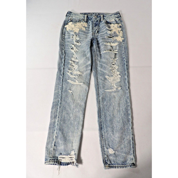 American Eagle Hi Rise Tom Boy Sz 4 Jeans Lace Light Wash Eyelet Y2K Distressed - Picture 2 of 16
